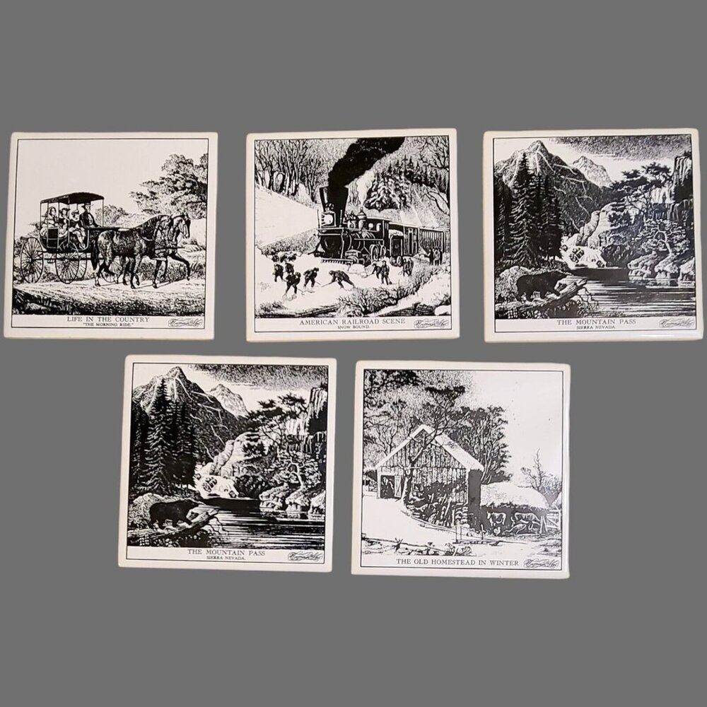 Lot 5 Vintage Currier & Ives Tile Trivet‎ Wall Plaque American Railroad Life In